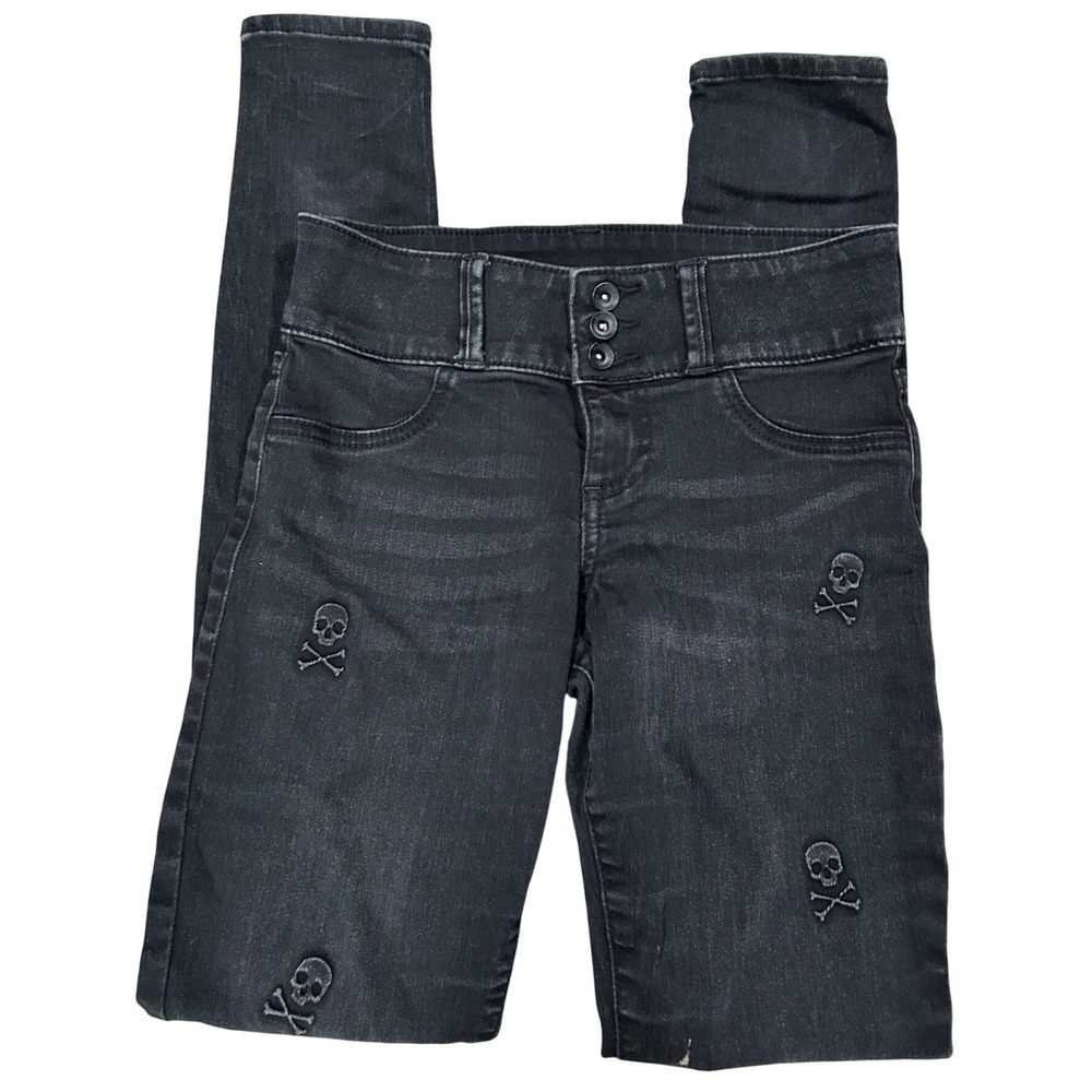 Y2K Super Skinny Jeans Womens 1 Black Embroidered Skulls High Rise Grunge Emo